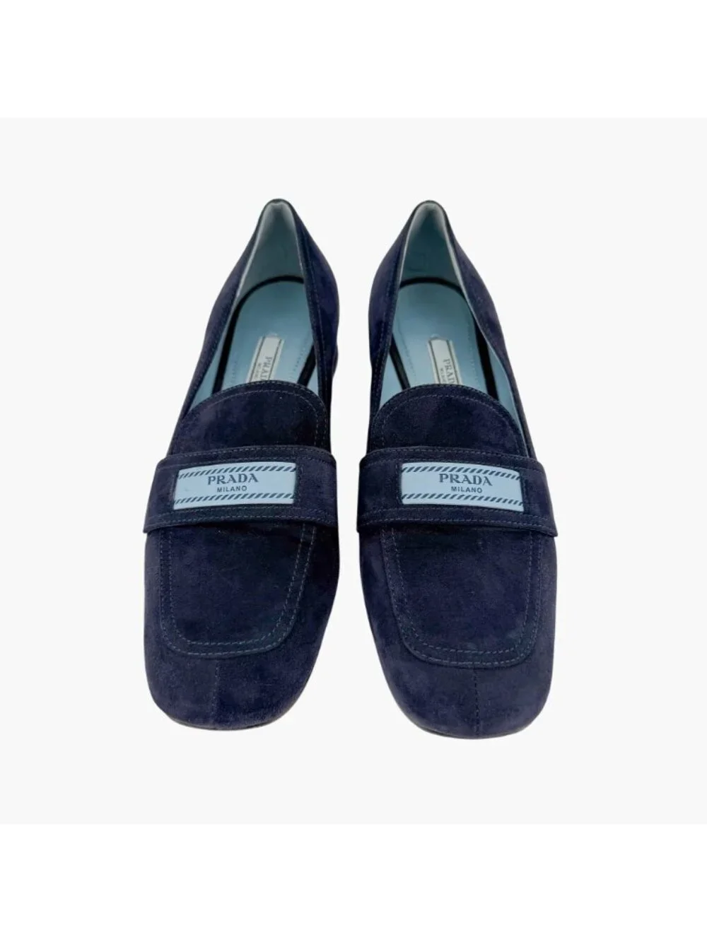 Prada Logo Loafer Pumps Heels Navy Suede Size 37.5 US 7.5 Women’s Blue